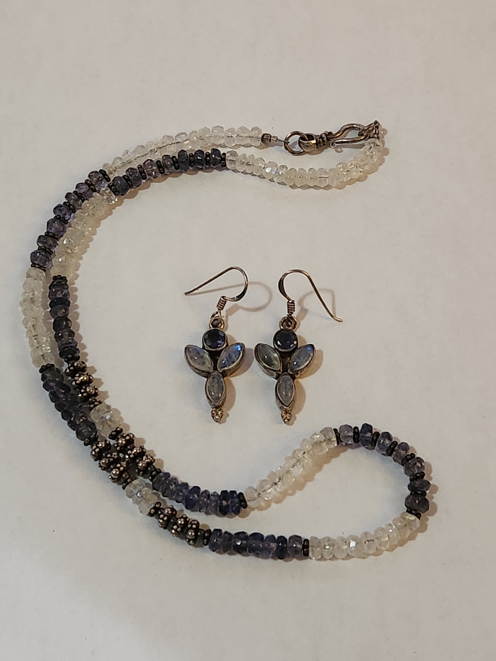 Rainbow Moonstine & Iolite Beaded Necklace with Matching Earrings - Picture 1 of 8